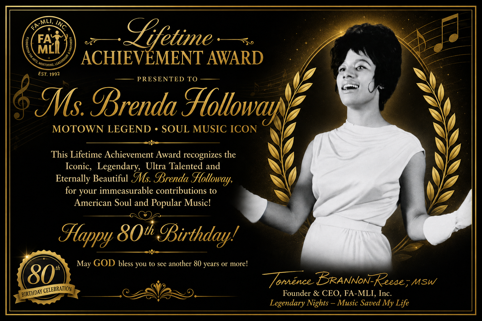Lifetime Achievement Award presented to Ms. Brenda Holloway