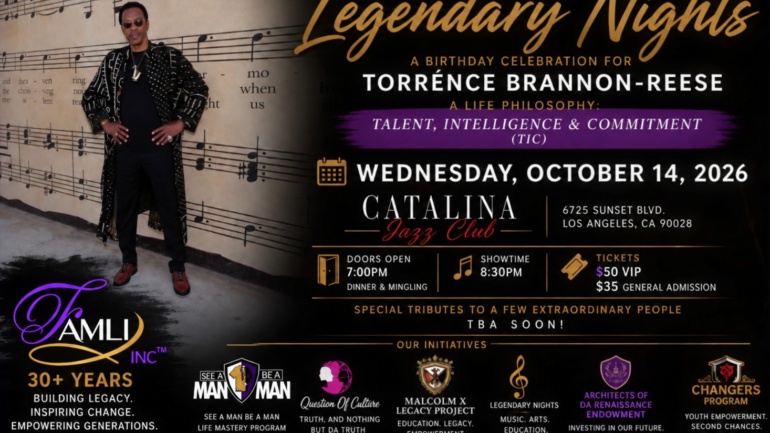 Flyer for FA-MLI, Inc.'s Legendary Nights, a birthday celebration for Torrénce Brannon-Reese, Wednesday, October 14, 2026, at Catalina Jazz Club, 6725 Sunset Blvd., Los Angeles. Doors open 7:00 PM for dinner and mingling, showtime 8:30 PM. Tickets $50 VIP, $35 general admission.