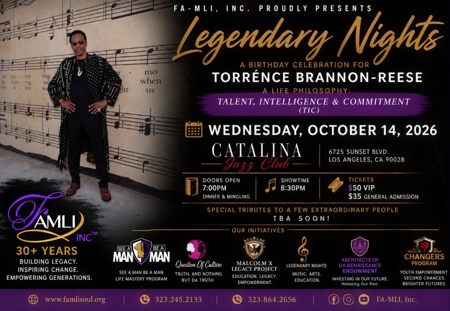 Flyer for FA-MLI, Inc.'s Legendary Nights, a birthday celebration for Torrénce Brannon-Reese, Wednesday, October 14, 2026, at Catalina Jazz Club, 6725 Sunset Blvd., Los Angeles. Doors open 7:00 PM for dinner and mingling, showtime 8:30 PM. Tickets $50 VIP, $35 general admission.