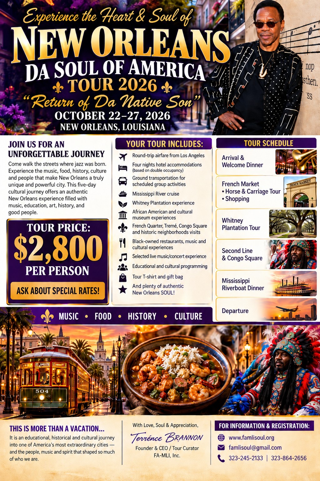Flyer for New Orleans, Da Soul of America Tour 2026, Return of Da Native Son, October 22-27, 2026, $2,800 per person: what the tour includes, the tour schedule, and contact details.